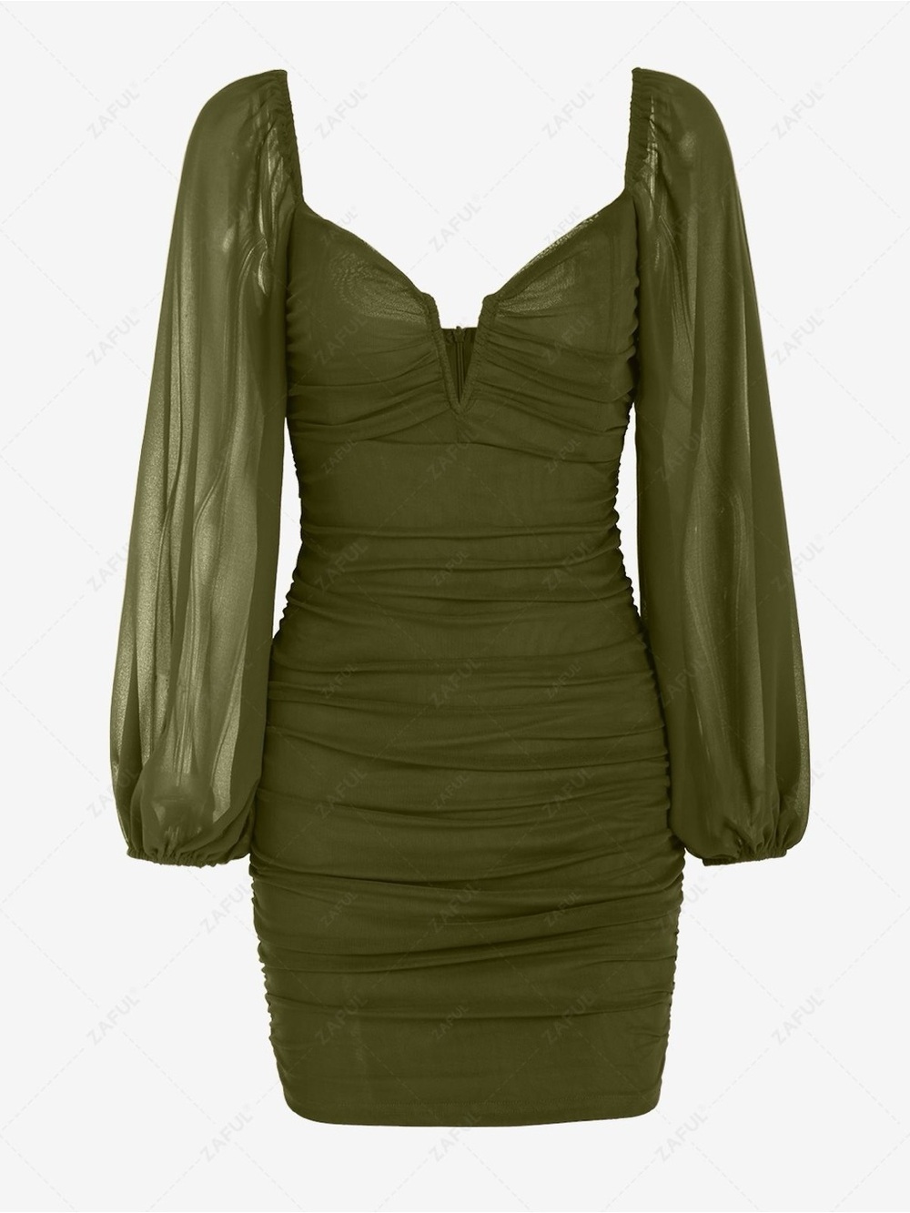 Olive Green Ruched Long Sleeve Mini Dress with Sheer Bishop Sleeves